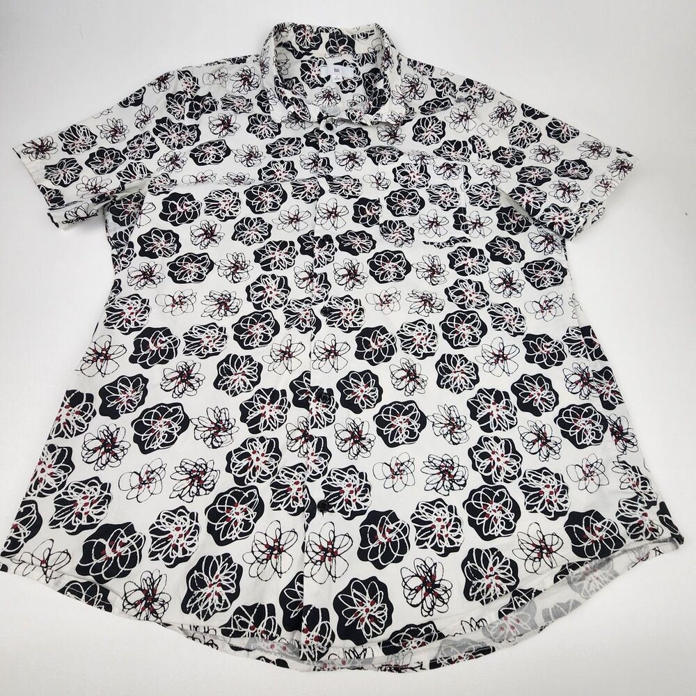 BP Men's XL White Black Floral Print Button Up Shirt Short Sleeve Casual